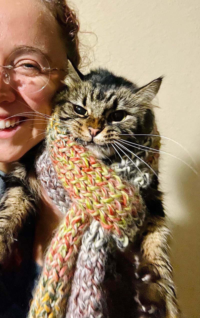 Knitted a scarf for my cat for Christmas.. She doesn’t seem too thrilled