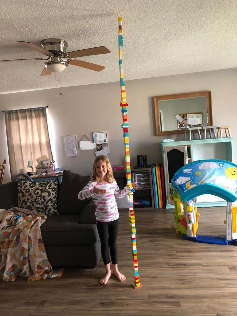 My daughter and I discovered there are just enough blocks in her new Lego set to reach the ceiling