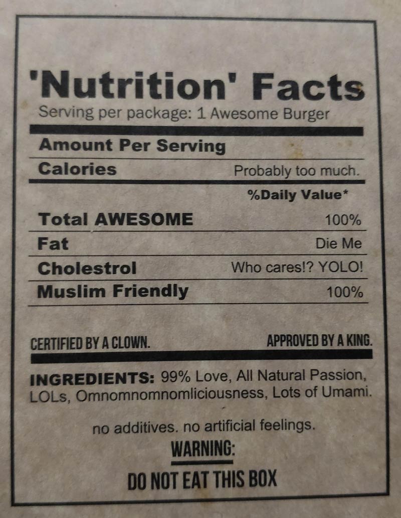 The nutrition facts on my burger takeaway box