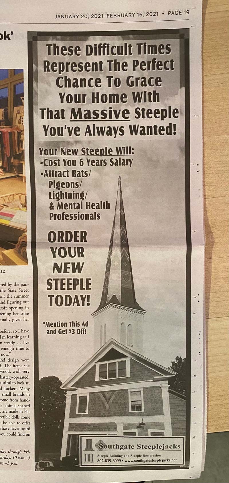 This ad for a steeple builder in my local paper