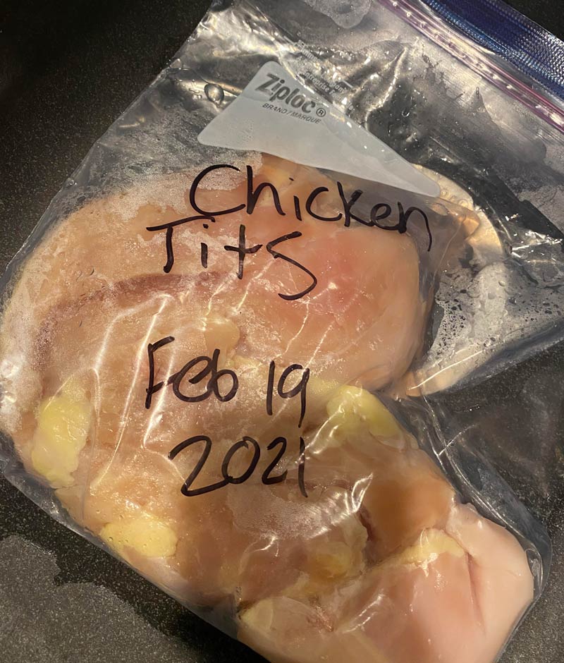 My husband labeled our frozen meats after our last shopping trip. I got a good laugh pulling this out for dinner