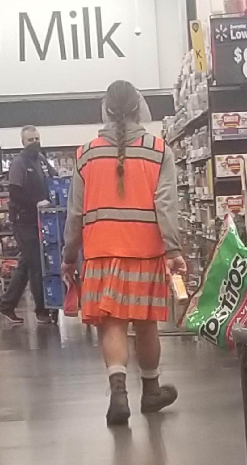 Used to work here, this guy is a cart pusher. He always wore kilts, today I saw this. Safety kilt