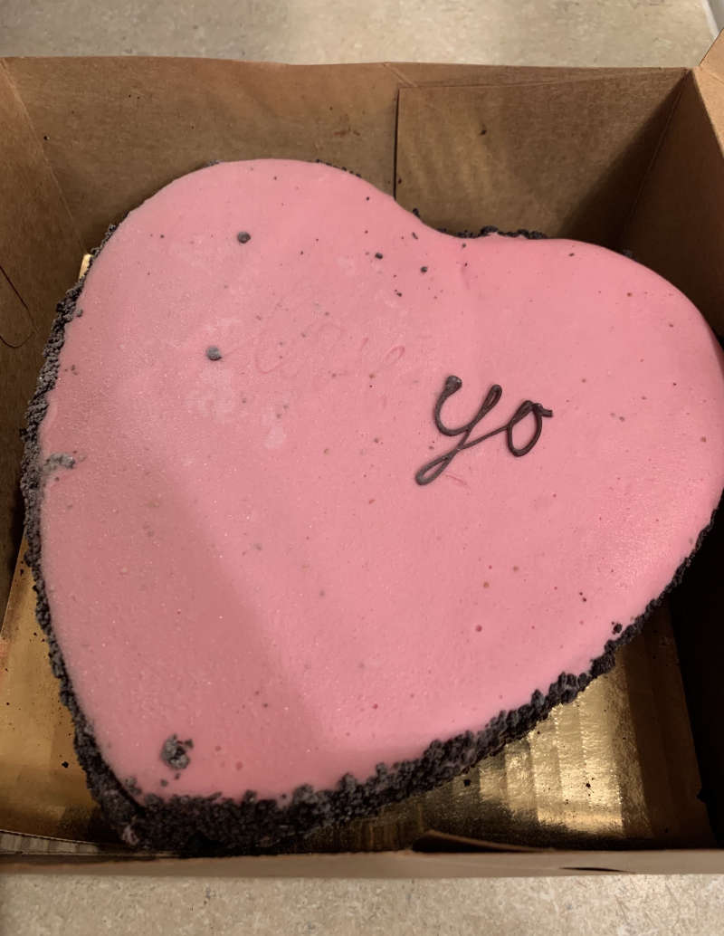 The ice cream cake I ordered for Valentine’s Day said “I Love You”, but some of the letters fell off during transit