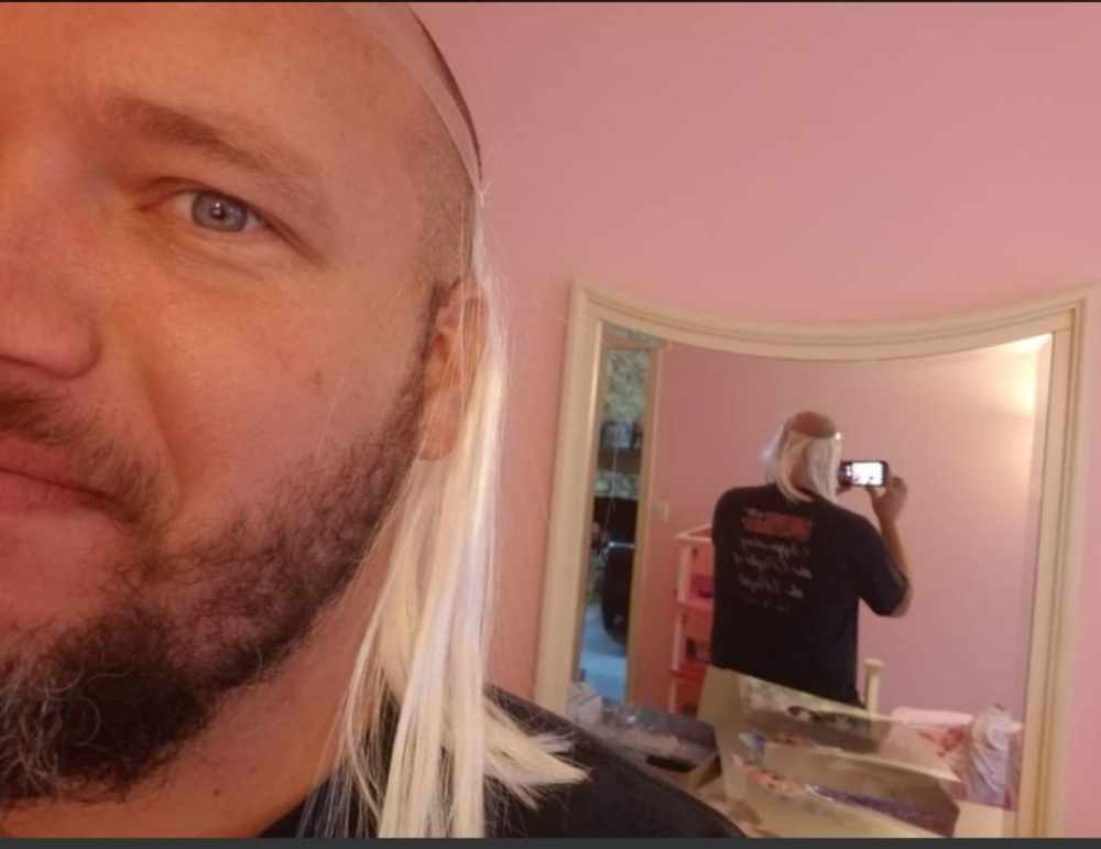 Stole my daughter's hair extensions. Now I got a fresh new skullet, brother!