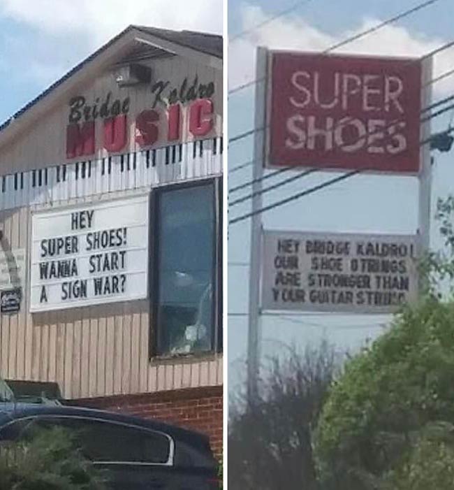 A local music store in my town has had this sign up for a few days. The shoe store across the street finally replied