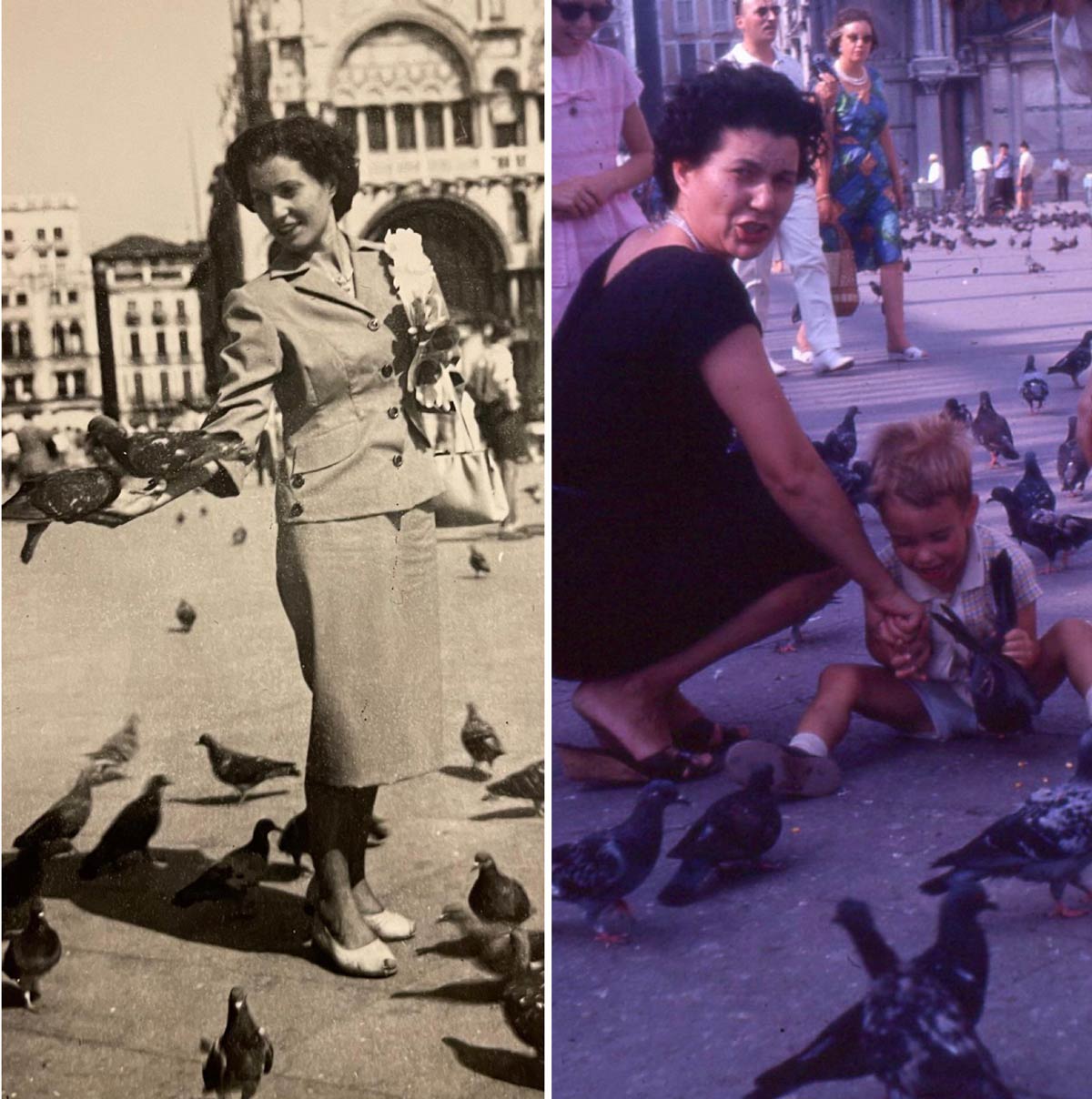 Thinking of having a baby? On the left is a picture of my Nonna enjoying Venice before she had kids. On the right is a picture in the same location a few years later where she was desperately trying to stop my toddler-aged father from publicly executing a pigeon