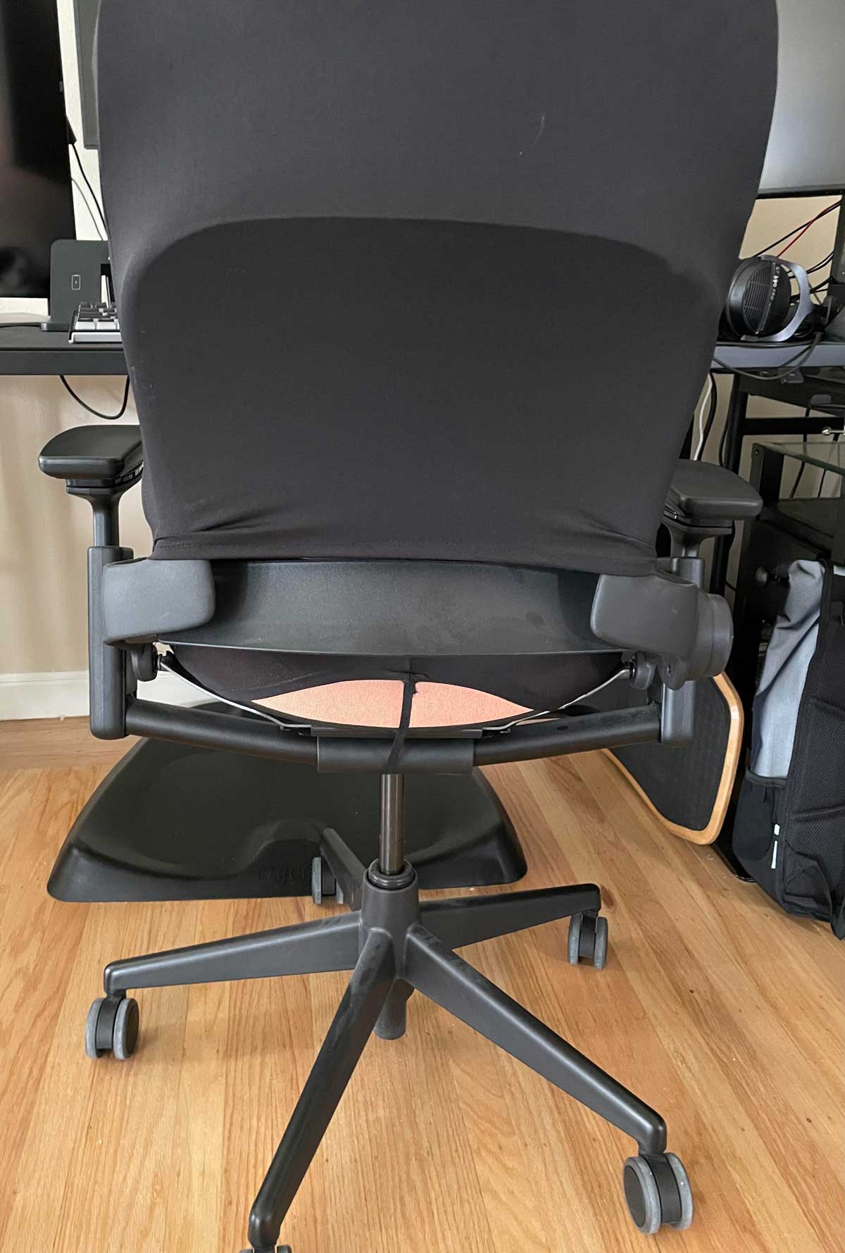 My husband got a free ergonomic chair, the downside being peach color fabric. He got black covers to go on it and accidentally gave himself perma plumbers crack