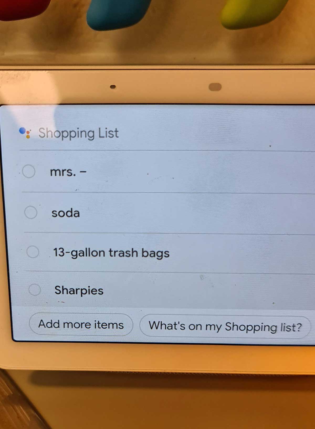 I asked Google to add Mrs Dash seasoning to the shopping list, this is what she added