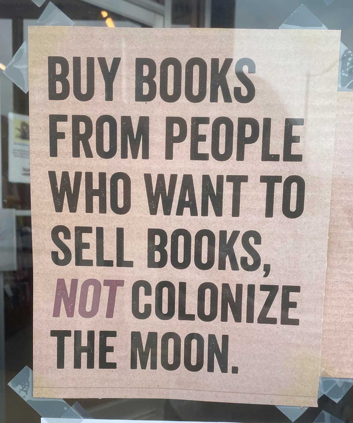 In the window of an indie bookstore