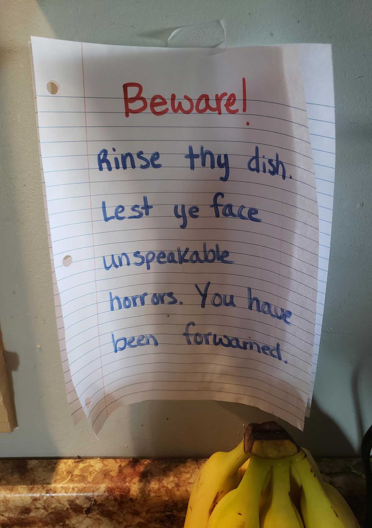 My wife got tired of the family leaving horribly bad dishes in the sink, thus the sign was born