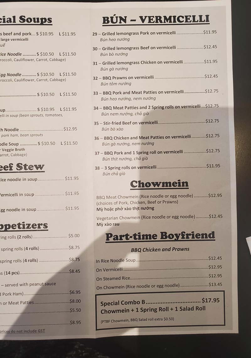 The menu at my local Vietnamese restaurant