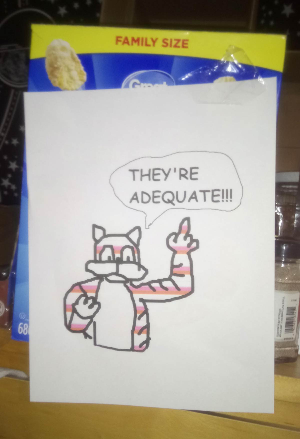 I bought an off-brand box of corn flakes cereal and my roommate sticks this picture he drew on the box