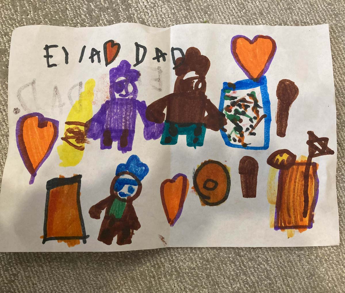 Card from 6-year-old daughter "Happy birthday daddy, it's everything you love, pirate Legos, hot sauce, mayonnaise and drinks!"