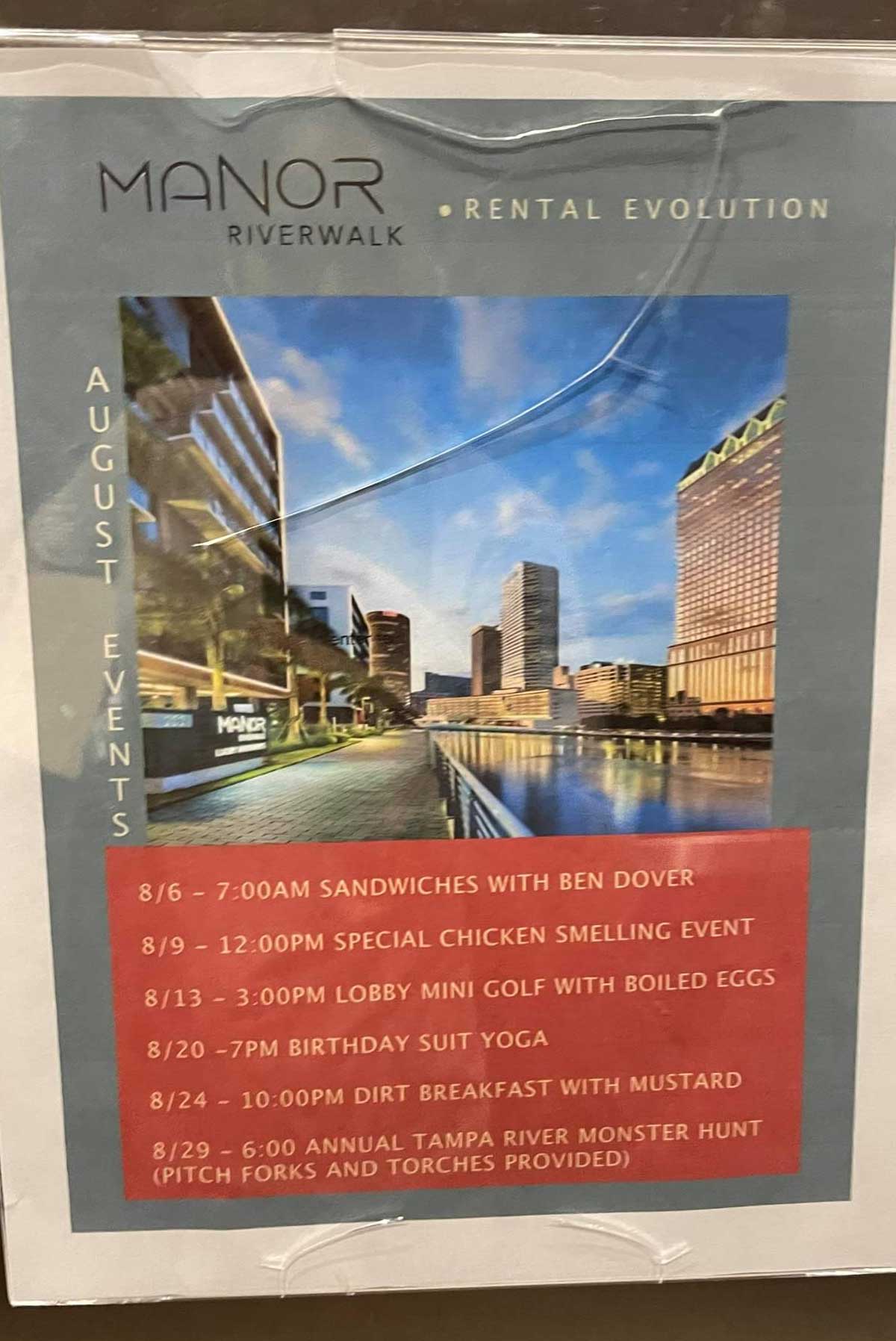 Someone replaced the event calendar in my apartment building and I have to say this is going to be an exciting month!