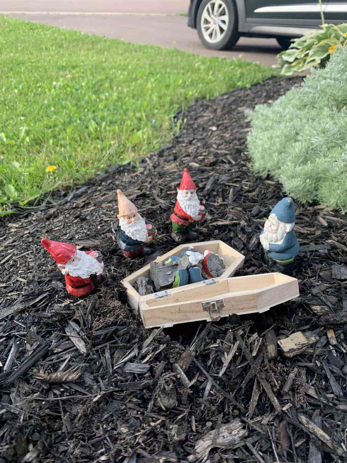 One of my garden gnomes sadly passed away this year. So with the help of my crafty neighbour, we are holding a funeral service in his honour for the rest of summer