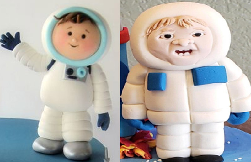 My son turned 1 yesterday. This was the topper to his space themed cake. Left is what we ordered, right is what we got