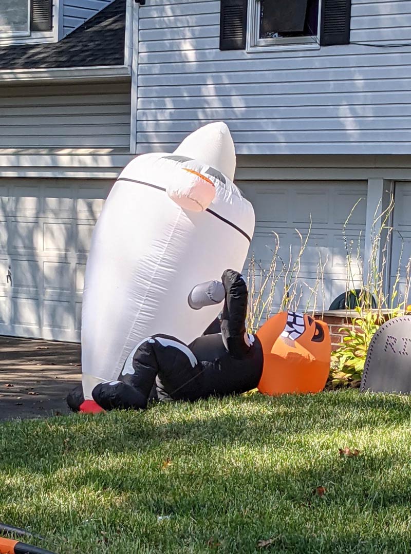 My neighbor's Halloween decoration took a surprising turn after a gust of wind