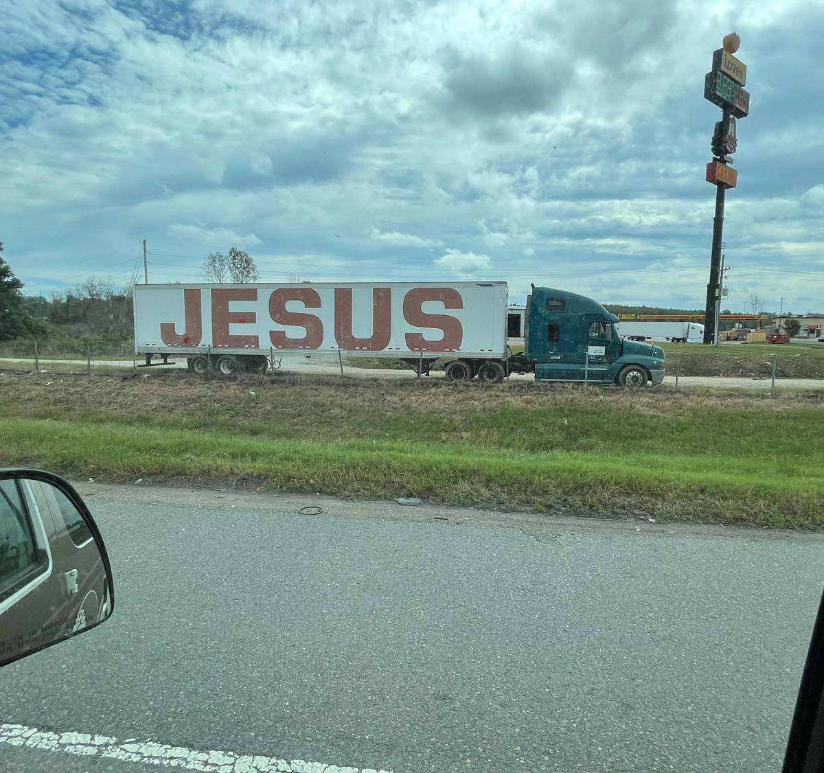 Not sure if this truck is surprised or just full of the Holy Spirit.