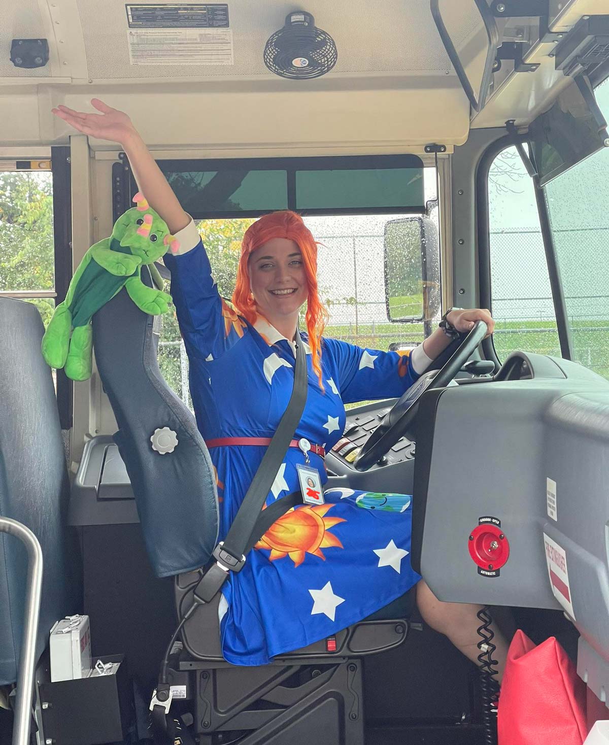 My wife is a school bus driver and dressed up as Ms. Frizzle for Halloween this year