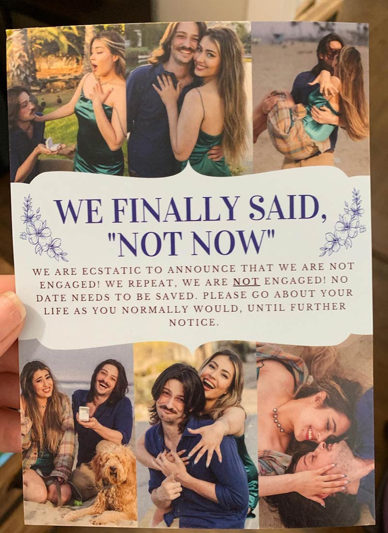 My best friend's "Not Engaged" announcement I just got in the mail