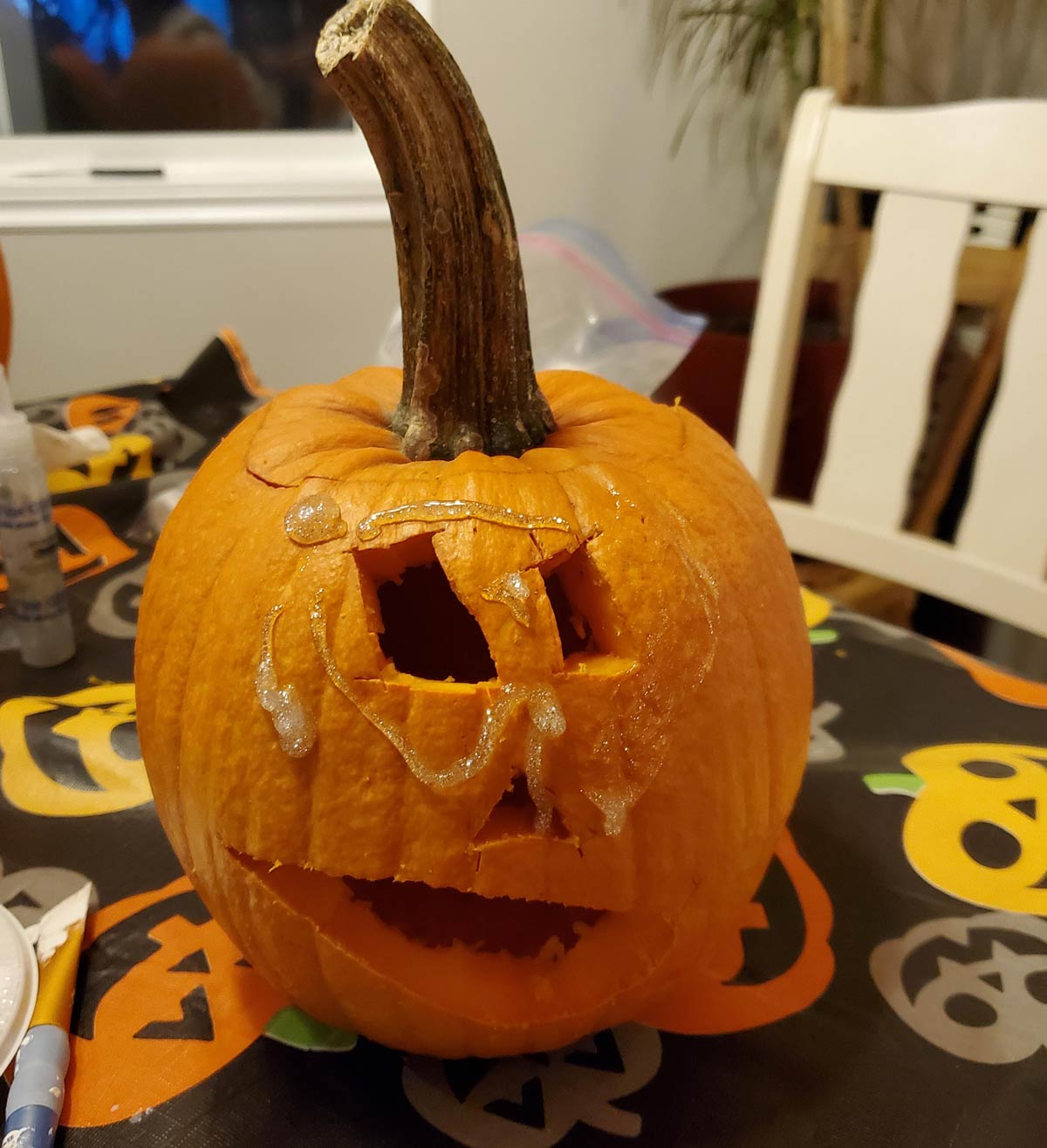 Our little neighbor friend made his first pumpkin. I managed to not laugh out loud at the added glitter