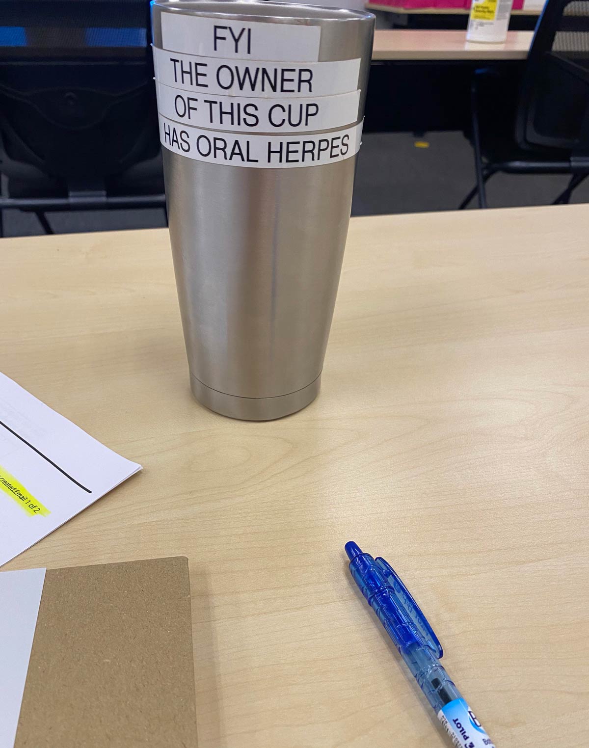 My dad said people at work wouldn’t stop using his personal cup, so this was his solution