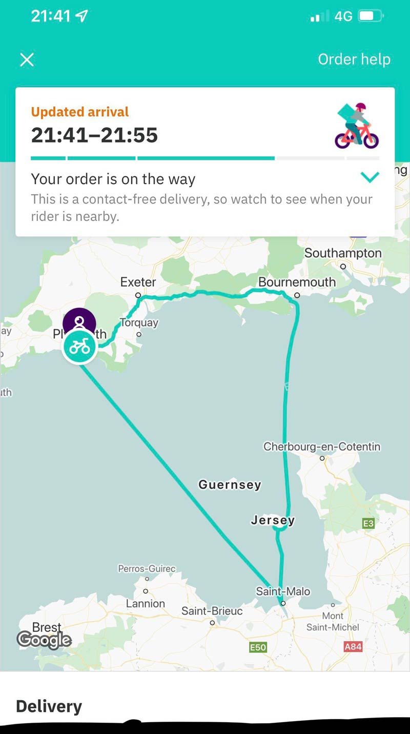 Looks like my delivery driver took a trip to France and back to the UK with his bike. Hopefully my food doesn’t arrive cold
