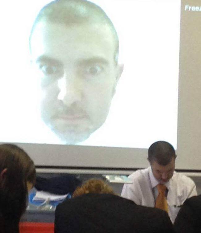 This teacher projects his face during exams