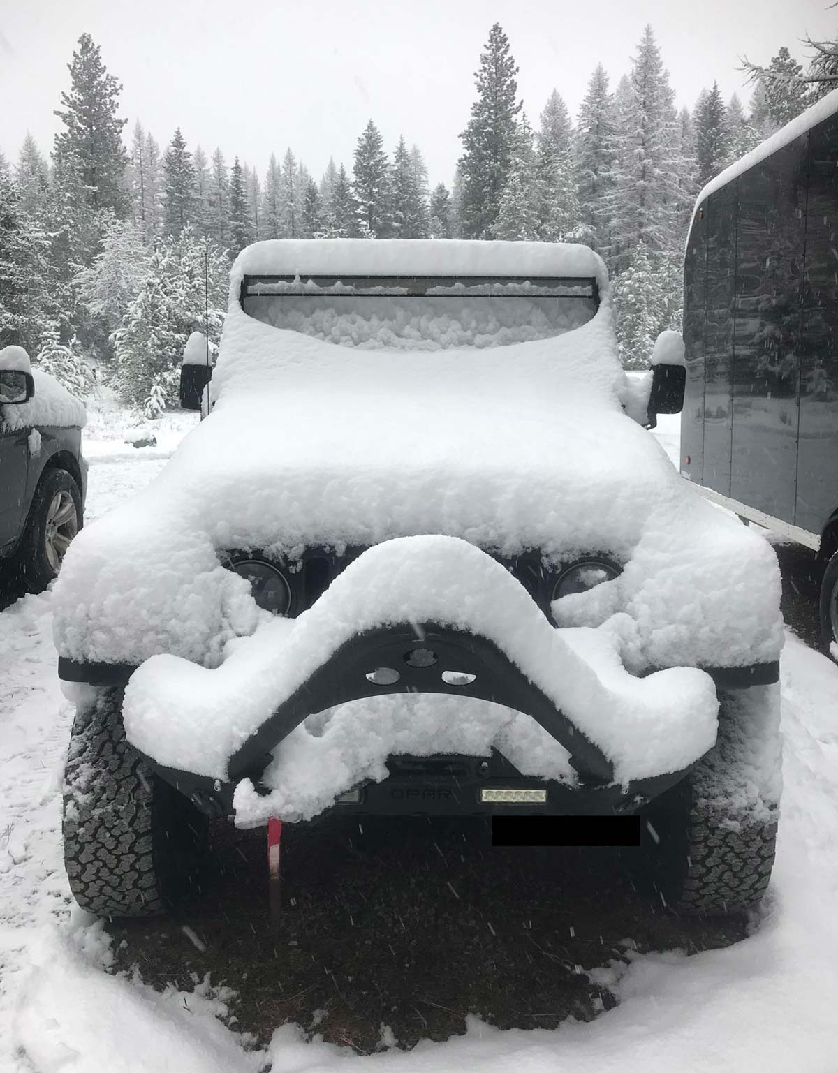 It snowed this morning. I don’t think the Jeep was happy about it
