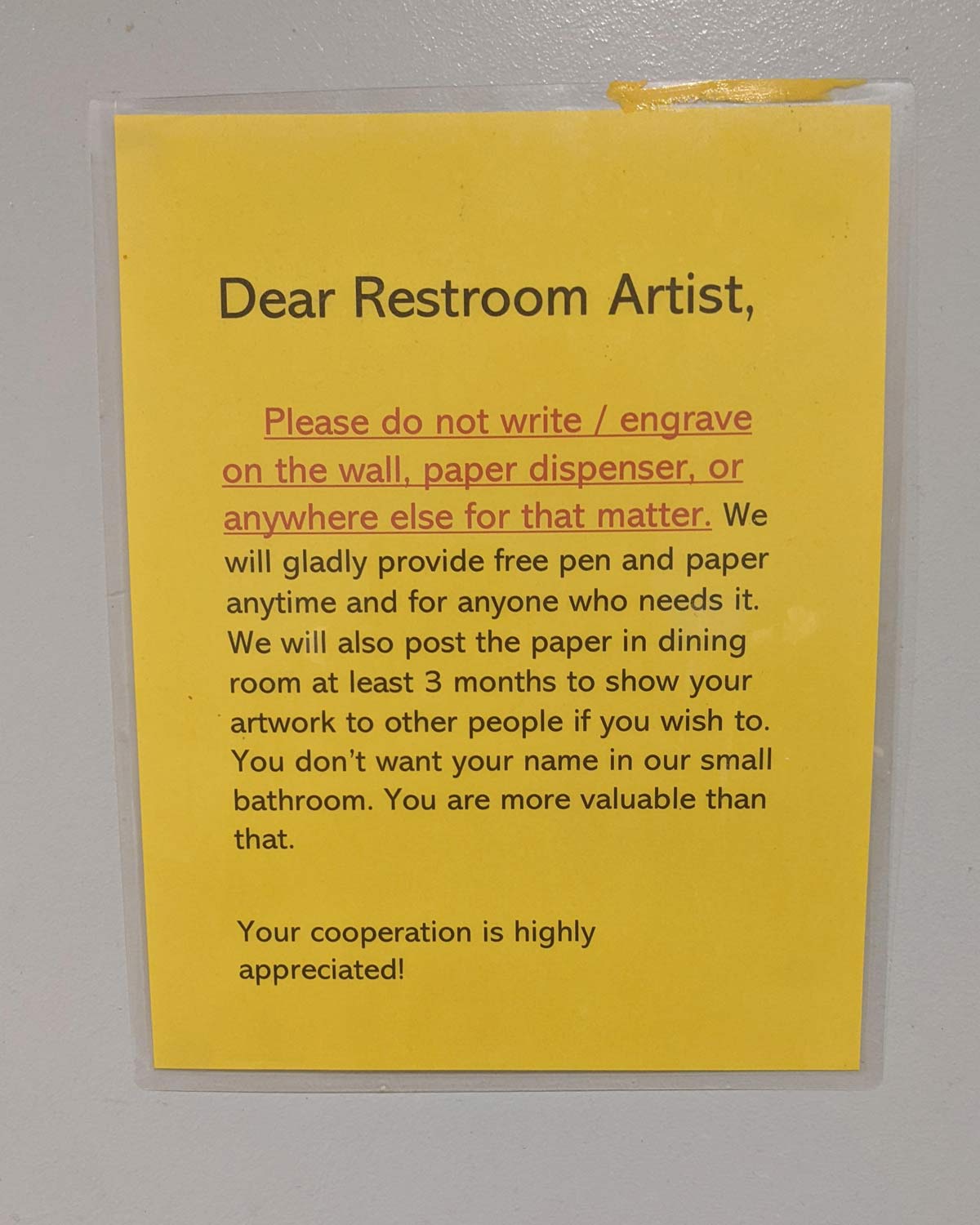 Local sushi place is trying to deter graffiti in the bathroom