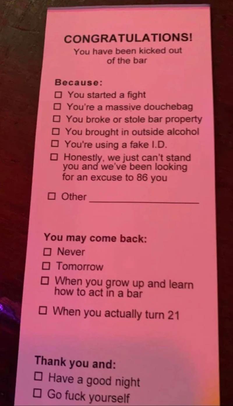 You have been kicked out notice from a bar