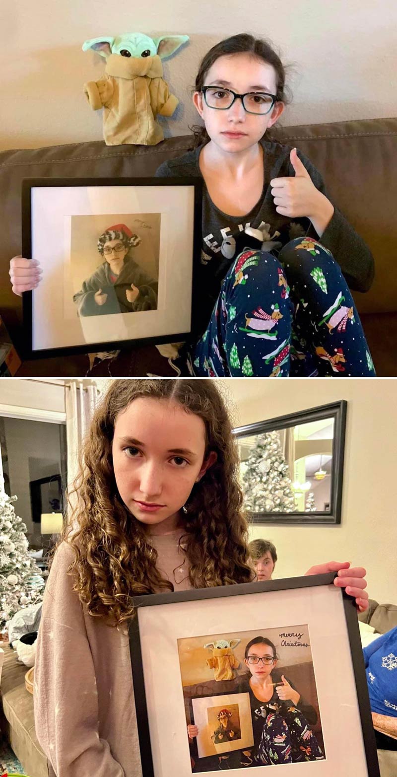 Last year for Christmas my daughter got my son a picture of herself. This year she got him a picture of herself holding the picture she got him last year