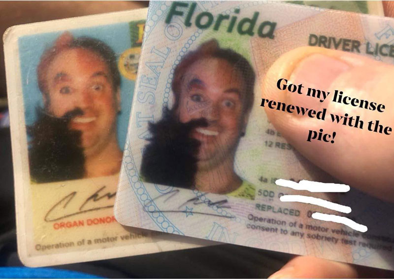A friend of mine grew a giant beard, then shaved exactly half of it off and applied makeup to half of his face so he could take this drivers license picture, where he looks like 2 completely different people