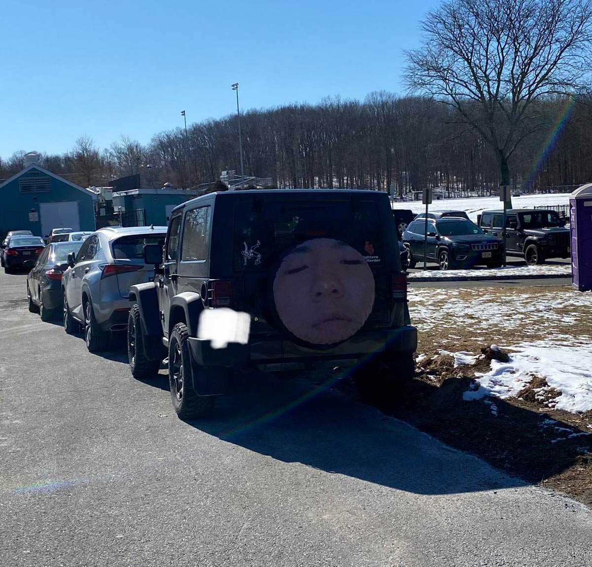 My classmate put his face on his tire cover