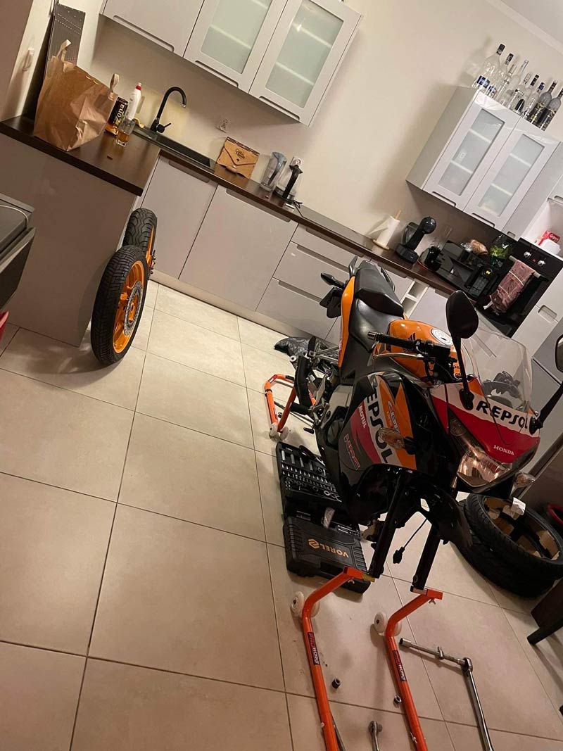 My buddy keeps his bike in the kitchen