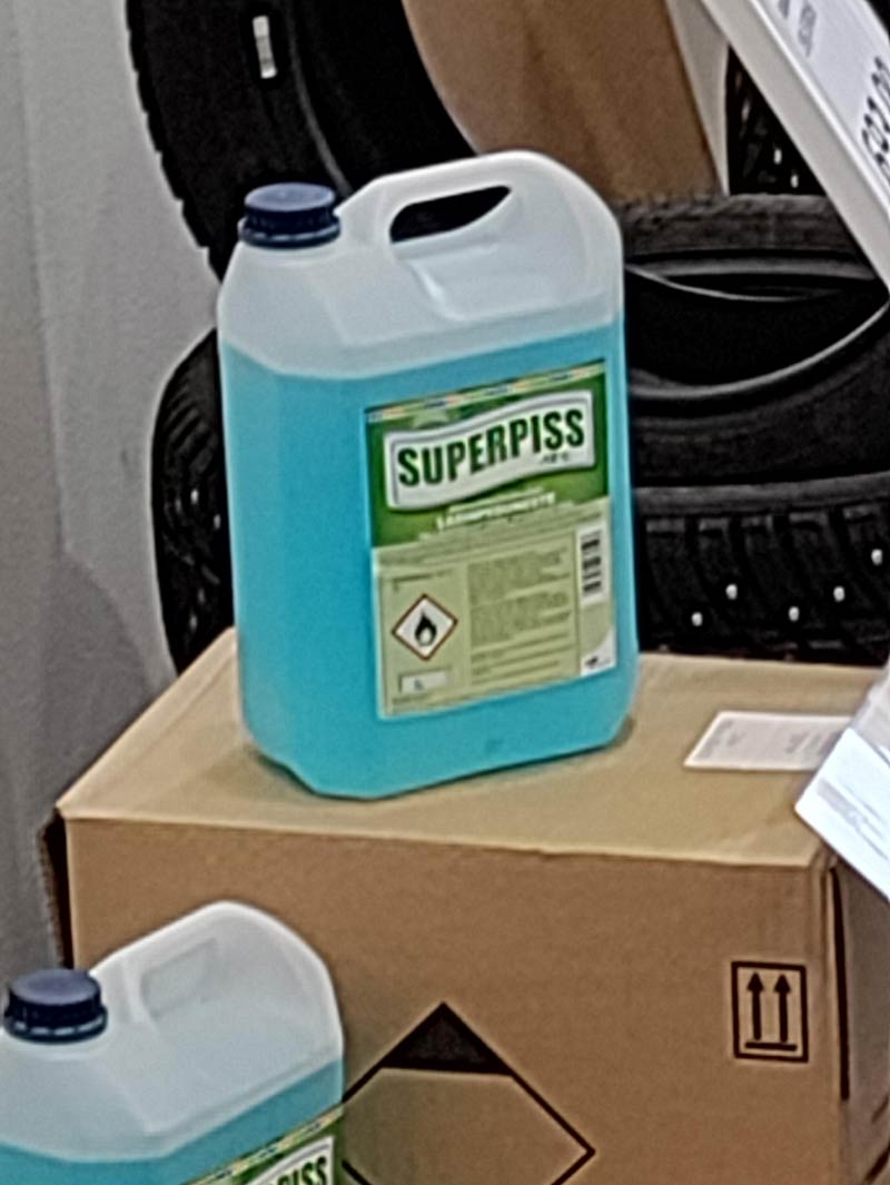 SUPERPISS - The brand of windshield washer fluid that my local car repair shop sells