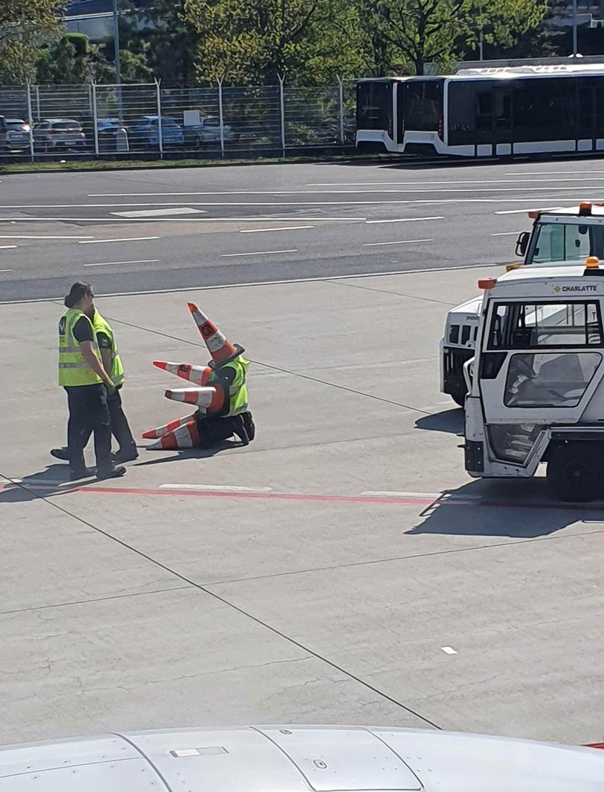 Workers at Prague airport having fun