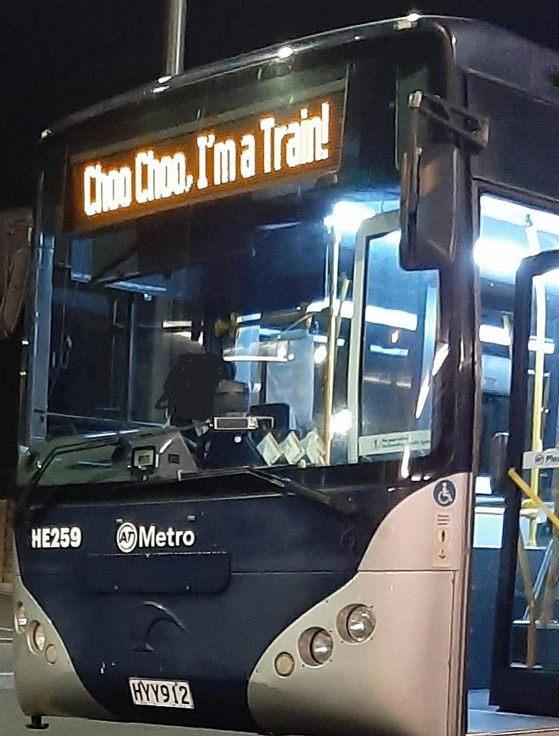 The replacement buses for Auckland trains sometimes display this message