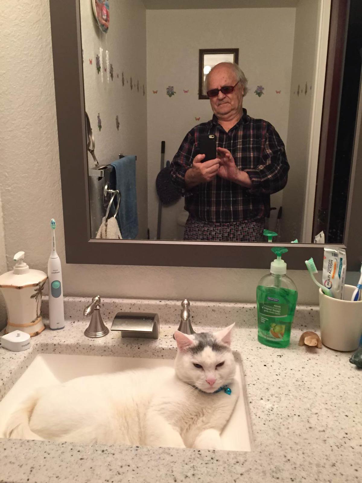 This photo on my grandpa’s phone vibing with the cat