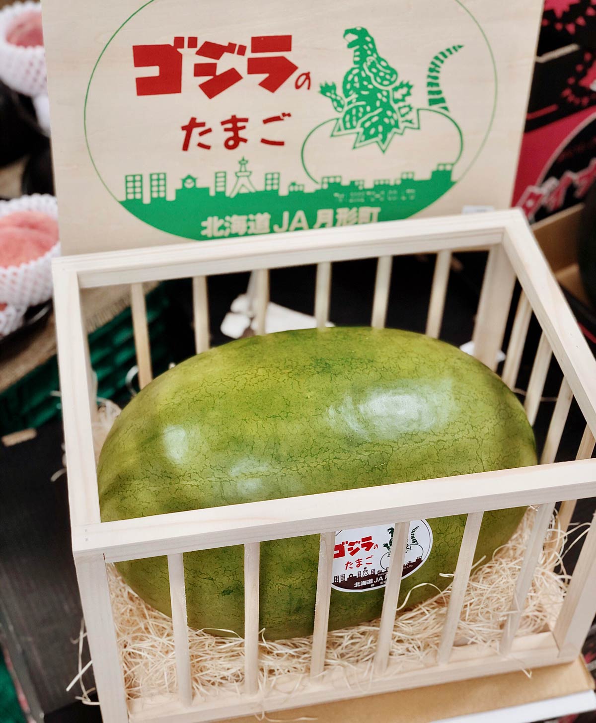 At our supermarket there’s a large watermelon in a cage. The sign says "Godzilla’s Egg"
