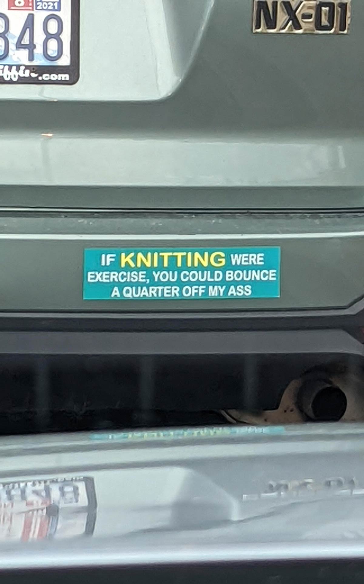 Seen on the back of a 70-year-old woman's Subaru Forester