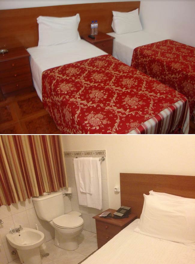 Picture of my hotel room on booking website vs picture I took when we walked into the room. I hope my roommate doesn't need to use the toilet tonight