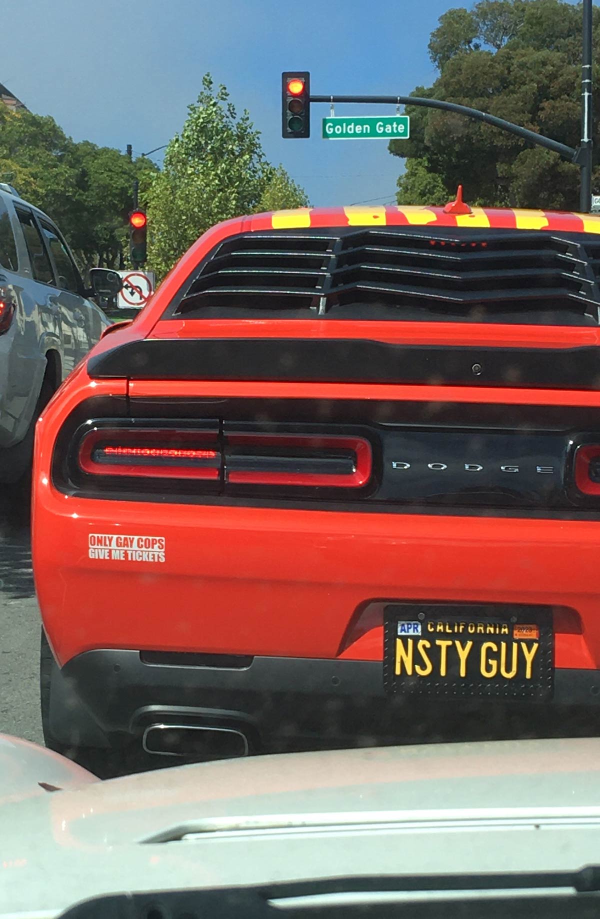 Nasty Guy is looking for trouble in San Francisco with this bumper sticker