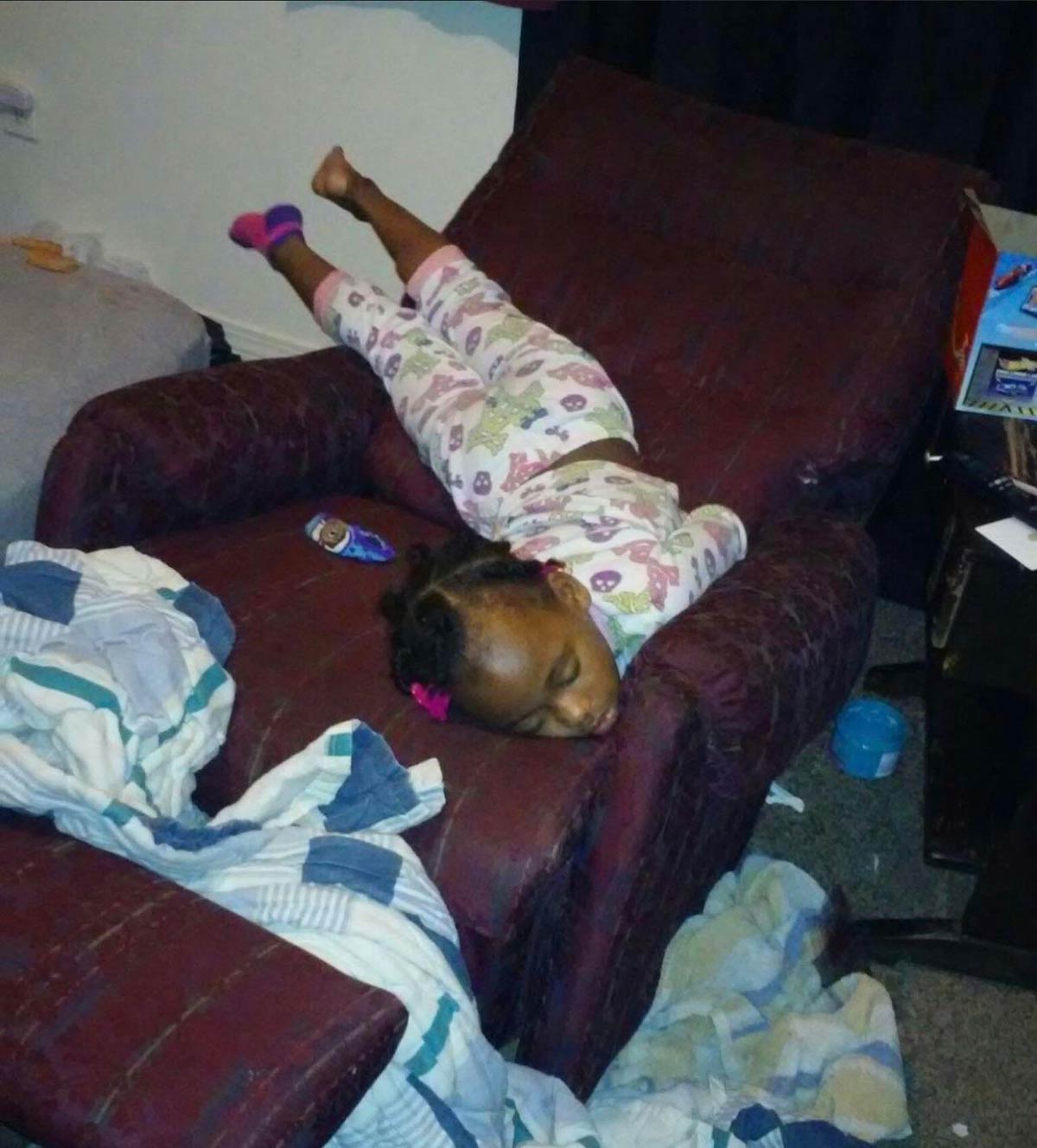 Old photo of my daughter. I got home from work one night to find her like this. I miss being a kid.. My back hurts looking at this
