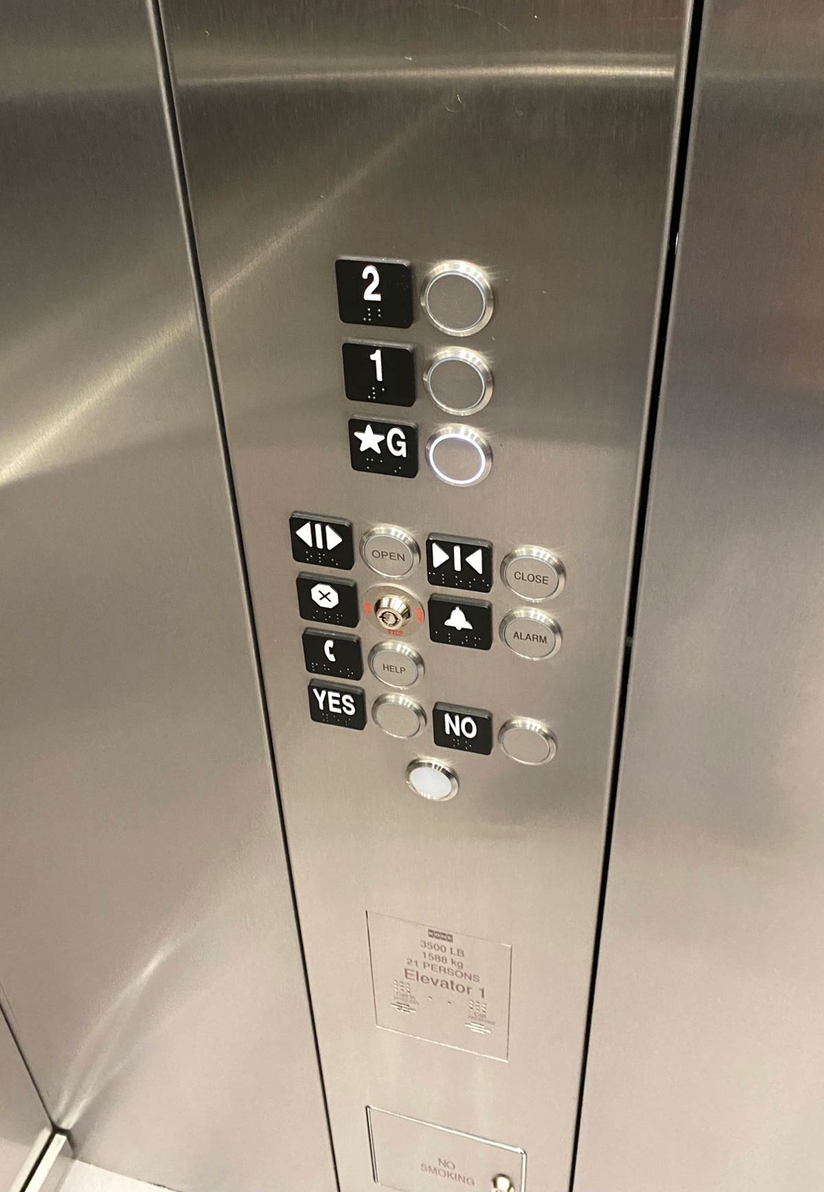 “Yes” and “No” buttons on the elevator where I work