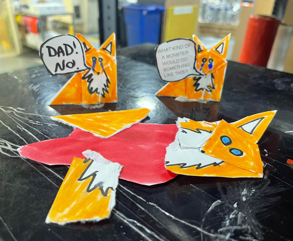 Someone at work decided to rip up and destroy the origami fox I made. I took the opportunity to guilt them