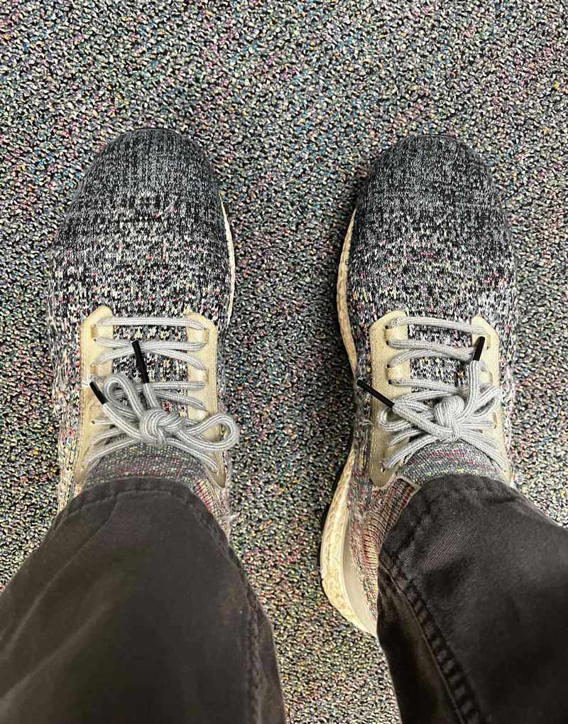 My new Adidas match the pattern of the carpet at my workplace