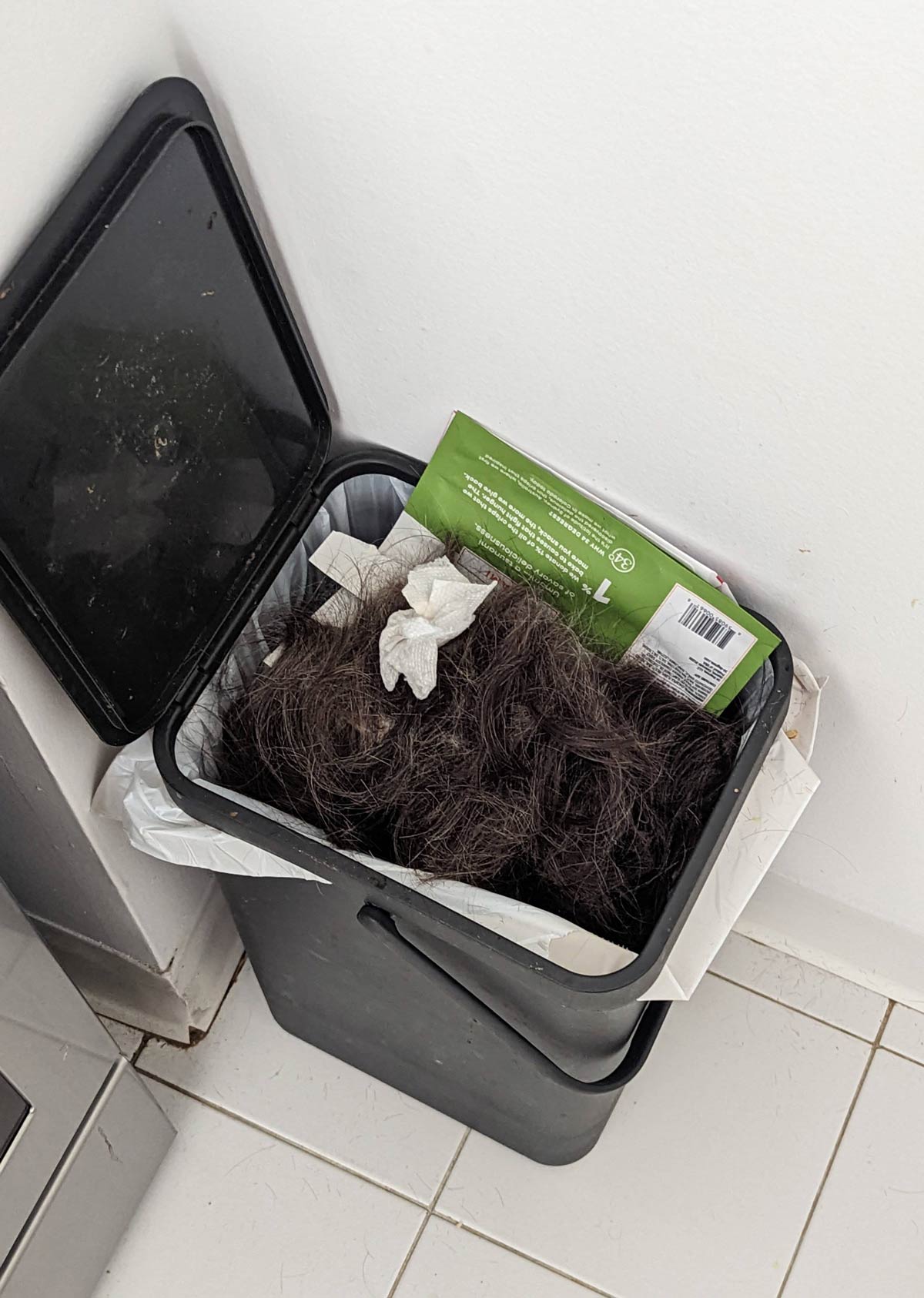 Wife cut her own hair today, almost gave me a heart attack upon opening the trash can