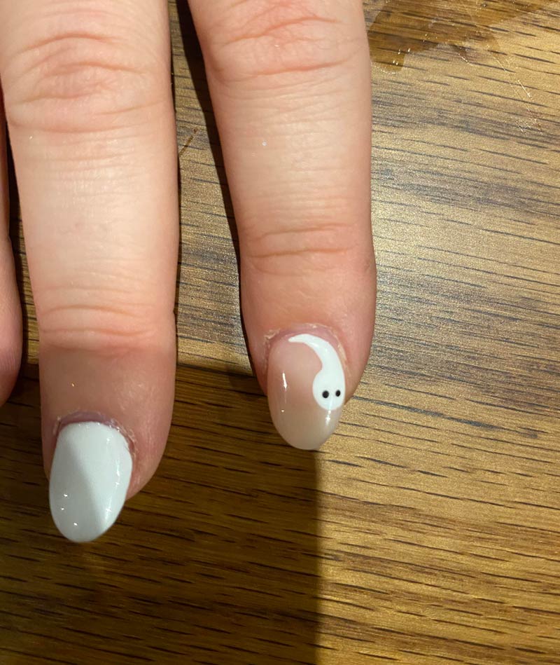 My friend wanted ghosts painted on her nails for Halloween. Unfortunately they look like sperm