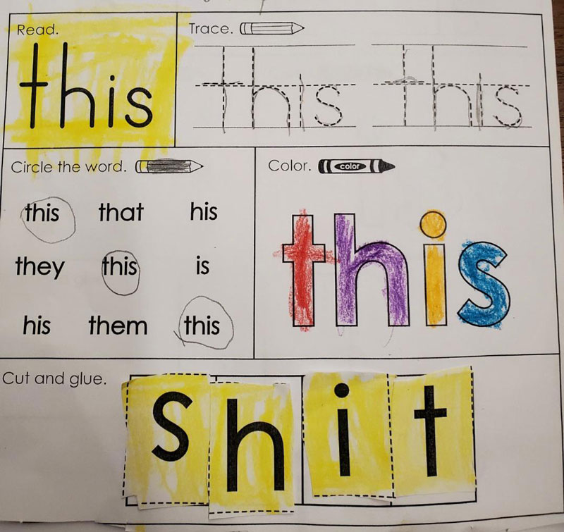 My wife teaches kindergarten. This was one of the worksheets she got back today